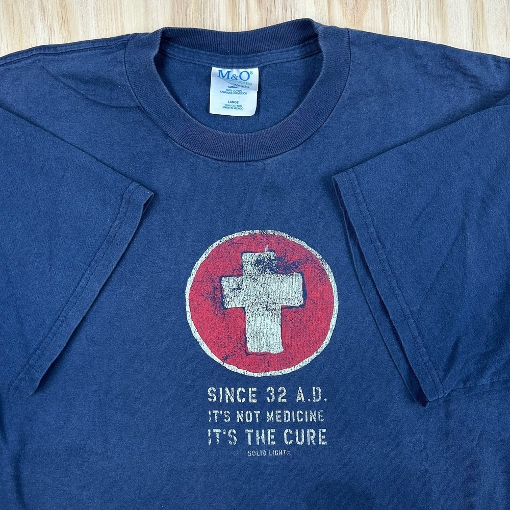 Vtg Y2K Jesus Not Medicine It's The Cure Cross T Shirt Thrash Blue L Distressed
